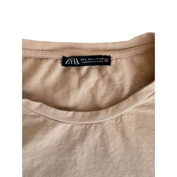 Zara Beige Crop Top Womens Size L Cotton Blend Short Sleeve - Picture 2 of 3